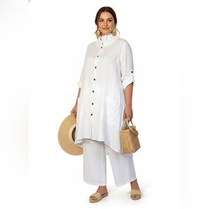 Go Silk Woman 100% Linen Button Front Tunic Shirt Dress White 1X NWT